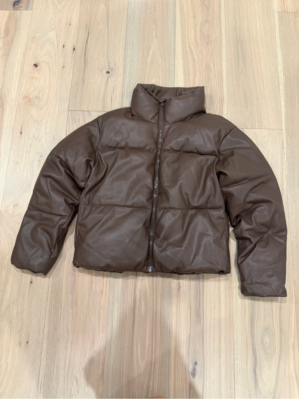 Old Navy Faux Leather Chocolate Brown Puffer Jacket with Funnel Neck